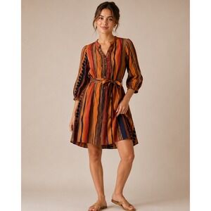 Umgee Women Orange Brown Striped Belted V-Neck 3/4 Sleeve Mini Dress Size M